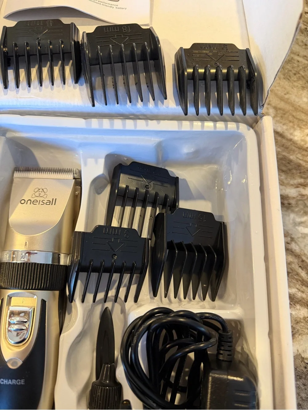 Oneisall Pet grooming clippers- in box low noise and rechargeable.